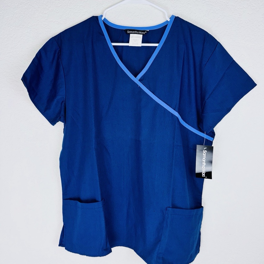 Samantha Mara Scrub Top Womens Large Navy Blue Wrap V Neck 9001-NV NWT